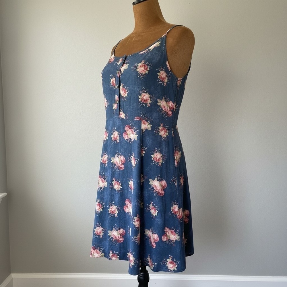 Cinnamon Floral Rose Mini Dress Size S Lace Up Back Blue Sundress A-line‎